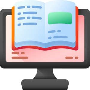 Small icon of a book sitting in front of a computer monitor