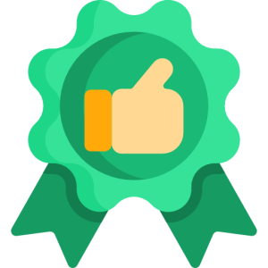 Small green ribbon icon with a hand giving a thumbs up in the middle