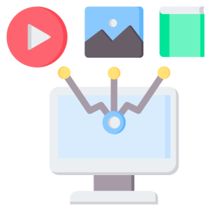 Small computer monitor icon shows three lines, first line pointing to a small red circle with a triangle symbol, second line pointing to a black mountain and moon symbol, third line pointing to a green book symbol
