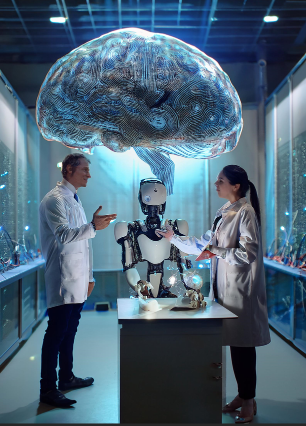 AI generated image of two scientists and a robot with a large hovering electronic brain