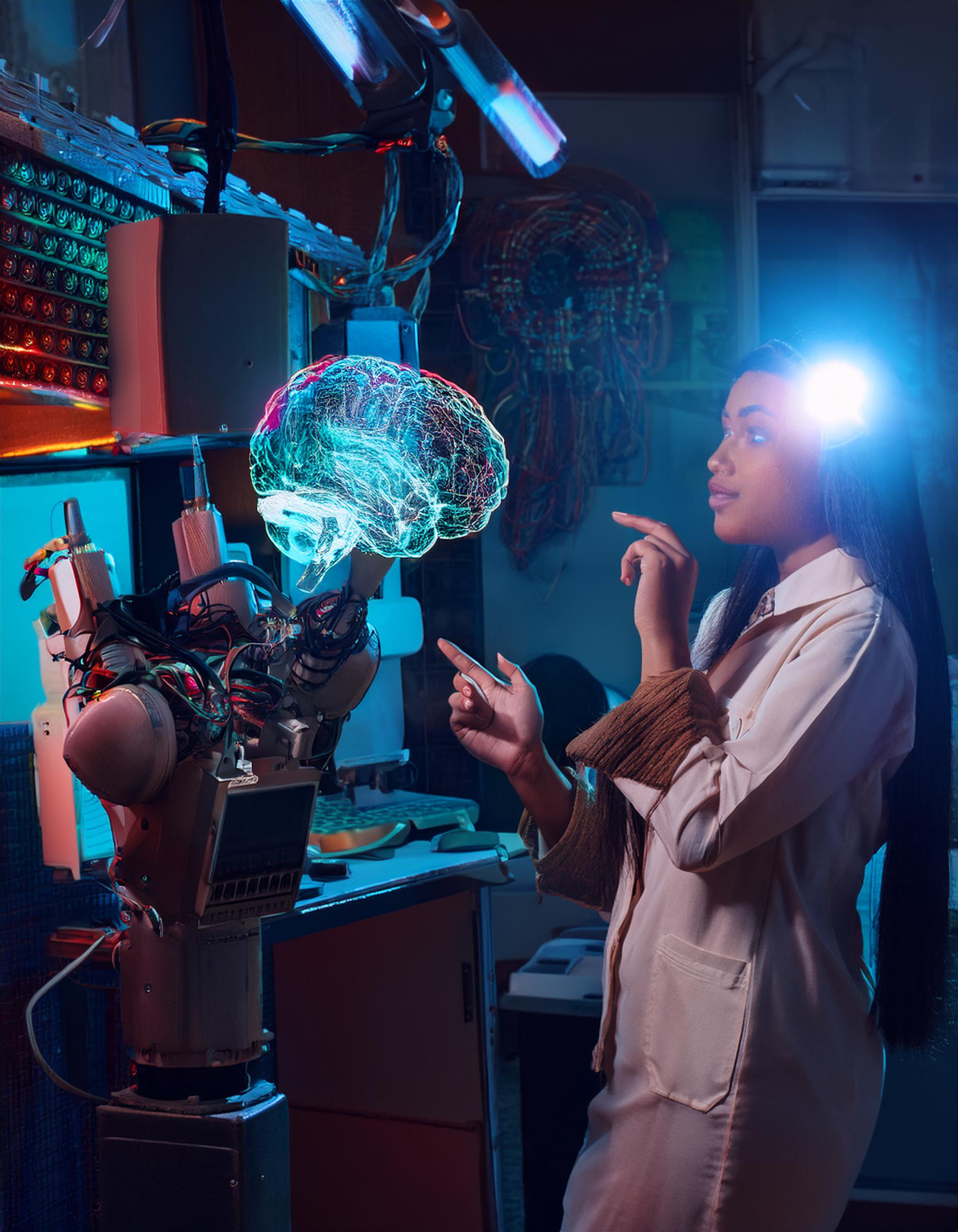 AI generated image of a scientist investigating a holographic brain