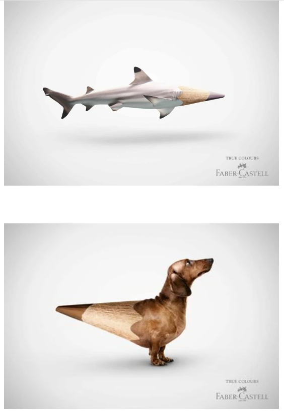 Faber-Castells’ range of advertisements on their TRUE COLOURS campaign. Silver pencil morphs into a shark; Brown pencil morphs into a daschund.