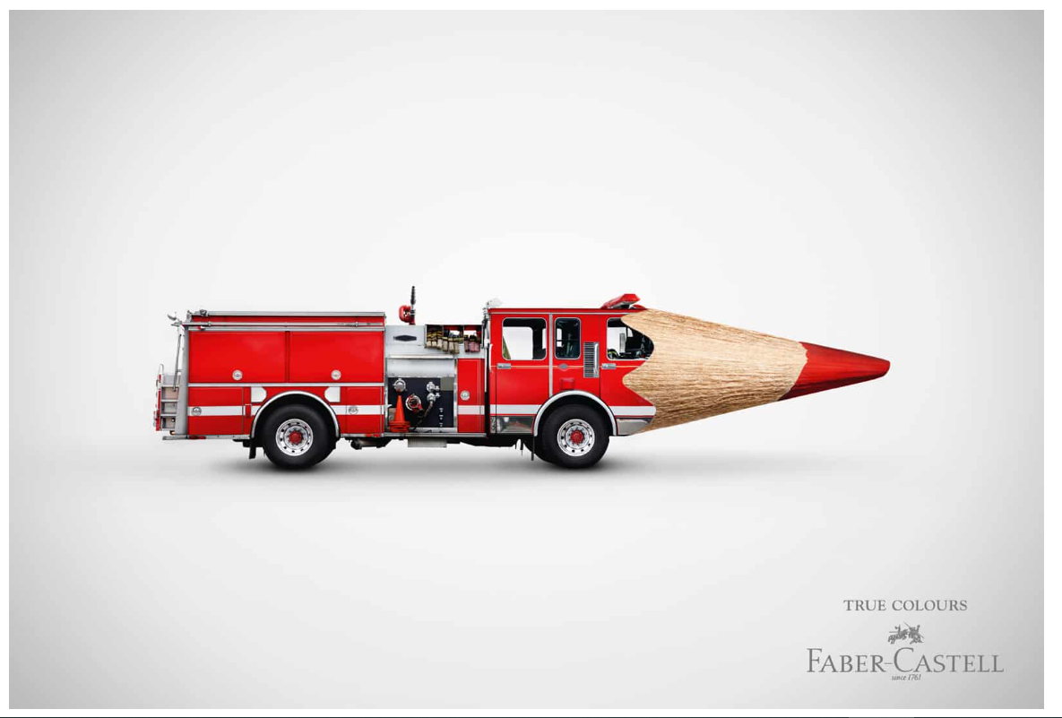 Faber-Castell advertisement featuring a red pencil morphing into a fire engine