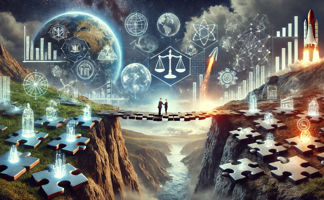 AI generated image of a precarious sci-fi world, two businesspeople shaking hands on a bridge made of puzzle pieces over a river canyon