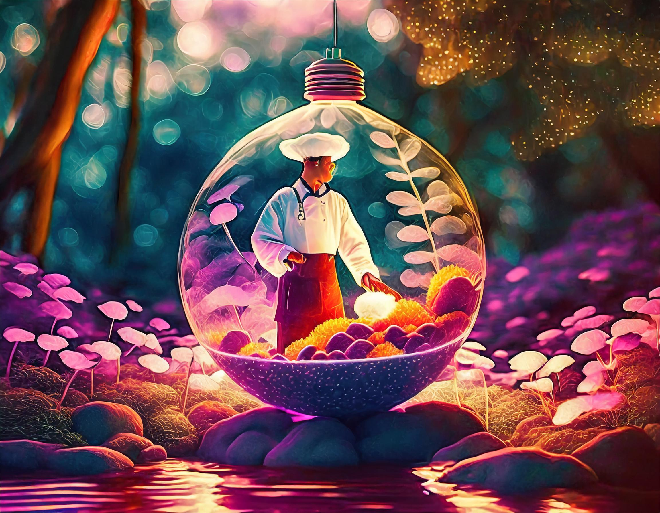 AI image of a chef in a bauble in a magical garden