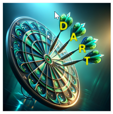 AI image of a dartboard with with 4 darts in it spelling DART