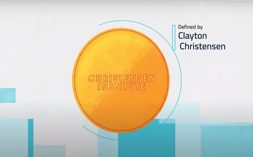 Yellow circle on a blue and white background with a link to the Christensen Institute