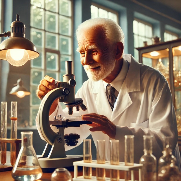 AI image of friendly older scientist using microscope