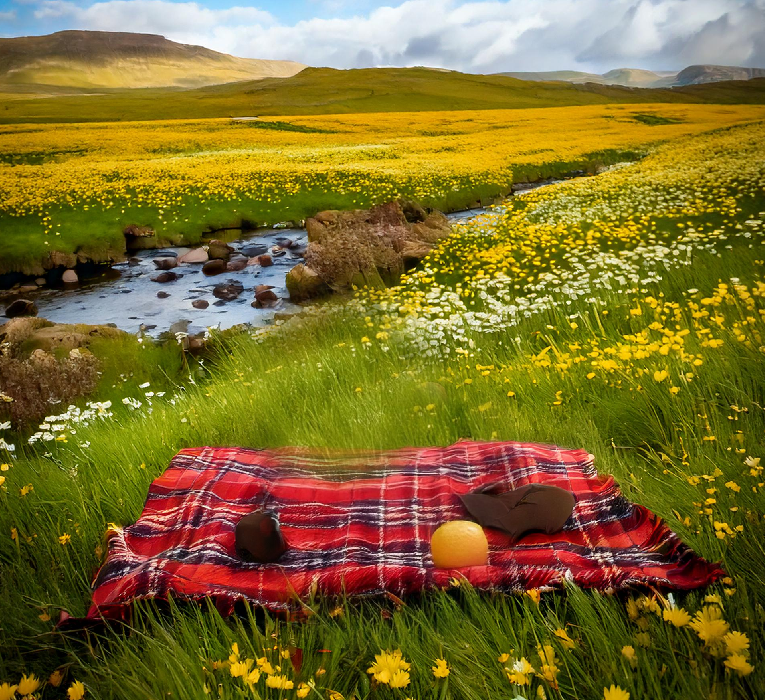Tartan picnic blanket with an orange and two caps in a beautiful wildflower landscape