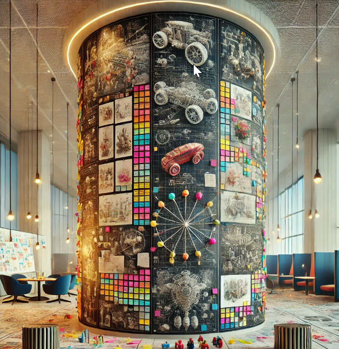 AI image of a workspace interior with a central pillar and lots of ideas