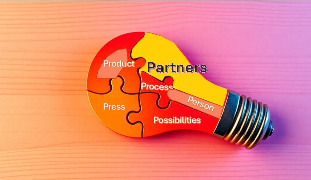 6 Ps Model, illustrated as pieces of a jigsaw making up a lightbulb, with the 6 Ps written out, each one on a piece of the jigsaw. Person, Product, Process, Press, Partners, Possibilities