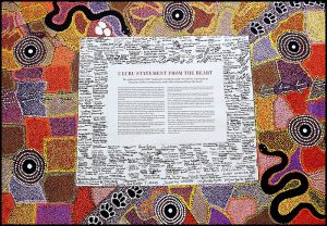 Printed text of the Uluru Statement from the Heart, surrounded by signatures of participants inthe Aboriginal Convention, surrounded by colourful dot paintings.