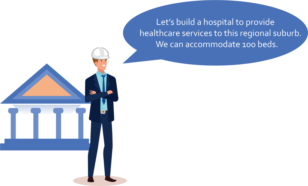 Government client avatar with speech bubble saying: Let's build a hospital to provide healthcare services to this regional suburb. We can accommodate 100 beds.