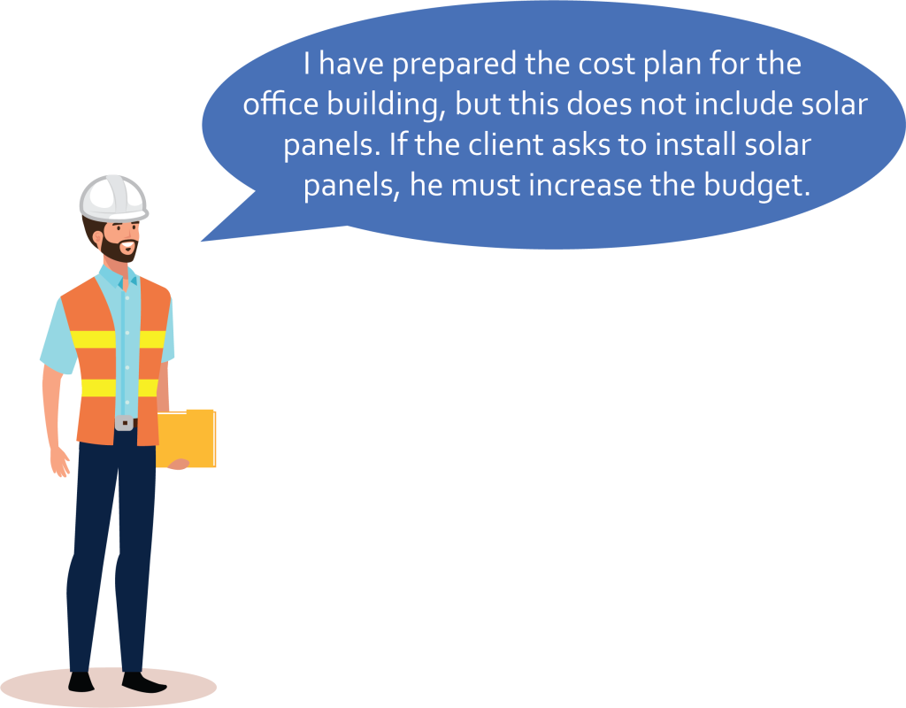 Cost consultant avatar with speech bubble saying: I have prepared the cost plan for the office building, but this does not include solar panels. If the client asks to install solar panels, he must increase the budget.