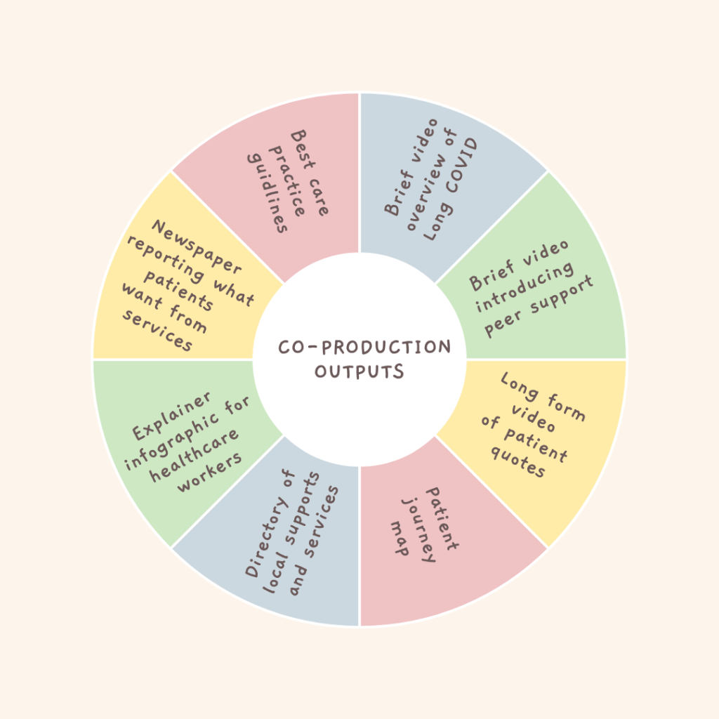 Circle listing all outputs from co-production process
