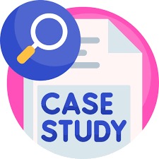 Icon with a magnifying glass over the words case study