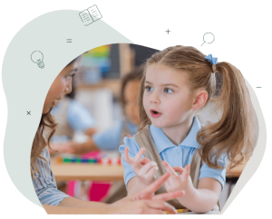 Primary school aged student in a blue school uniform is doing some counting activities with her teacher.