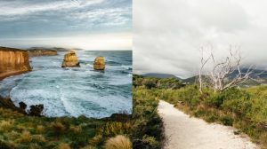 Page banner comprised of two landscape photographs split in half. The left photo has shows the sunlight touching the tops of two of the 12 apostles. The second photograph is of a pathway in Wilson prom.