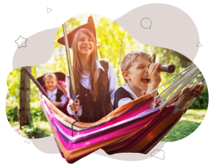 Three children playing in a hammock pretending it is a pirate ship and they are pirates. The are wearing pirate hates and have a small telescope.