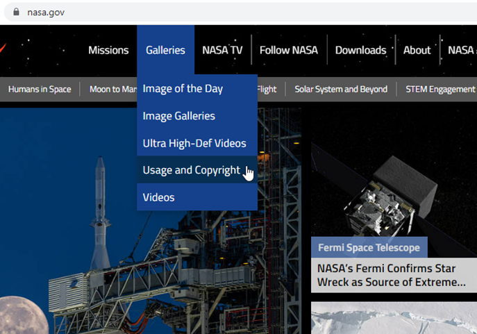NASA website menu with the "Usage and Copyright" page