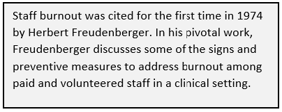 Staff burnout was cited for the first time in 1974 by Herbert Freudenberger. In his pivotal work, Freudenberger discusses some of the signs and preventive measures to address burnout among paid and volunteered staff in a clinical setting.
