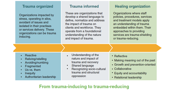 The continuum of transformation from a trauma organised to a healing organisation with sustainable healing practices.