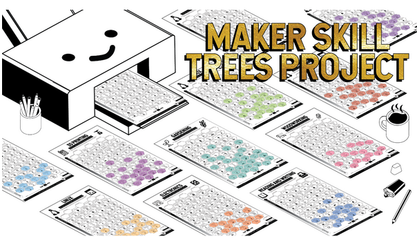 Image showing the Skill Trees project banner with the title ‘Maker Skill Trees Project’ in gold. The banner includes a cartoon-style smiling paper printer. Several coloured Skill Tree templates are spread on a desk, alongside a mug, highlighters, and pencils.