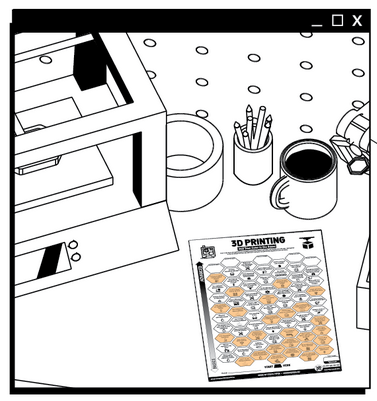 An illustration of the 3D printing Skill Tree, mostly coloured in, next to a 3D printer, a hot drink and pencils.