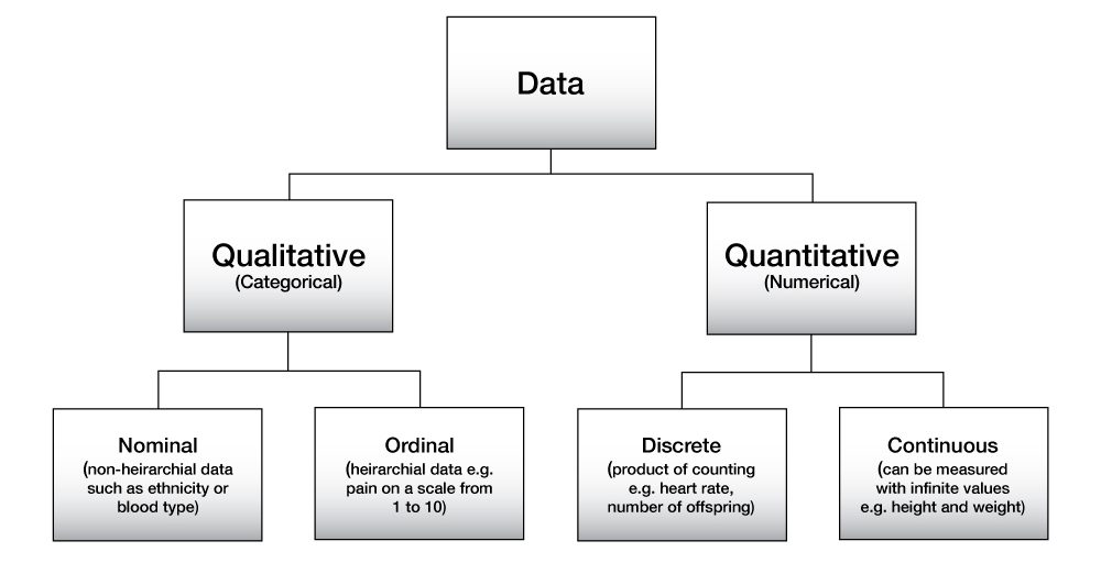 A chart showing the hierarchical nature of data. Data can be qualitative or quantitative. Qualitative data can be further characterised as nominal (for example blood type or ethnicity) or ordinal (for example pain on a scale of 1 to 10). Quantitative data can be characterised as discrete (for example a product of counting such as heart rate or number of offspring) or continuous (for example measured with infinite values such as height or weight).
