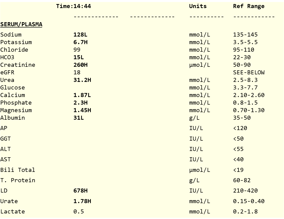 A typical readout from a whole blood exam. Analytes are displayed with their measured value with an indication whether it is high or low compared to a reference value.