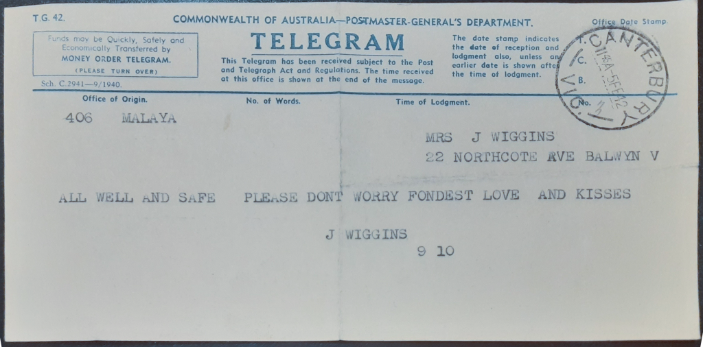 Photo of a Telegram from Jim from the battlefield. The Telegram reads: "All well and safe. Please don't worry. Fondest love and kisses."
