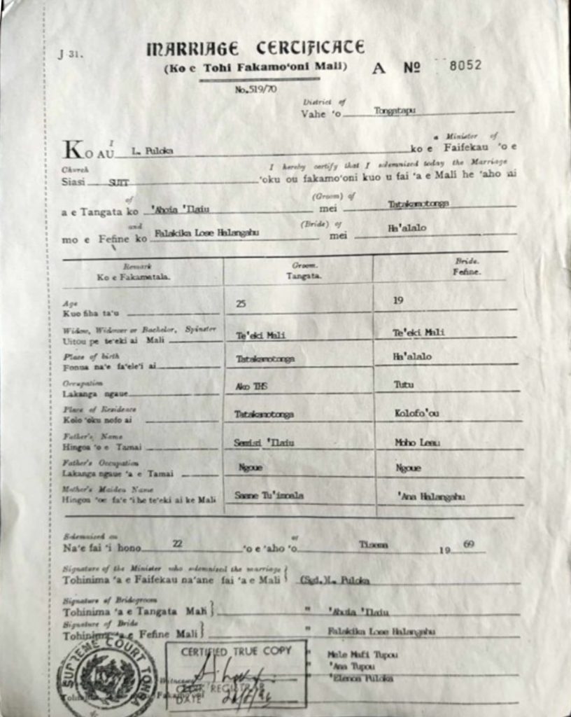 A marriage certificate titled “MARRIAGE CERTIFICATE (Ko e Tohi Fakamo'oni Mali)” with handwritten details for the bride and groom, official signatures, and a Supreme Court Tonga stamp.