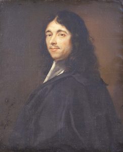 Oil painting of Pierre deFermat. deFermat has pale skin, long dark hair and a small moustache. He wears a dark coat or cloak draped over his shoulders.