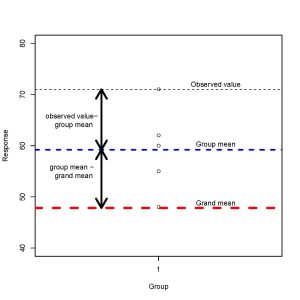 Partitioning group data into components for ANOVA. A graph with the horizontal axis labelled 'Group' and the vertical 'Response'. Three horizontal lines, from highest to lowest are labelled 'Observed value', 'Group mean' and 'Grand mean'. The distance between the top and centre lines is labelled "Observed value - group mean" and the distance between the lower line and the centre line is labelled "group mean - grand mean".