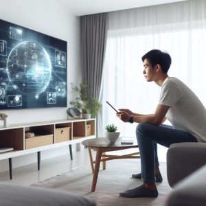 An AI generated image of a man looking at a digitally connected globe on a large TV screen.