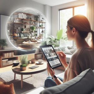 Image of a woman using a tablet and looking at technology in a bubble.