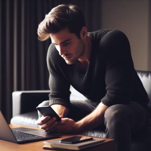 Man with laptop and two mobile phones. He's checking one mobile phone while the other is on a coffee table..