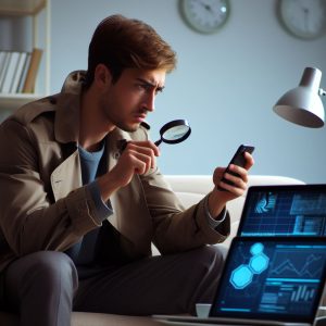 Image of a man using a magnifying glass to read the mobile phone in his hand.