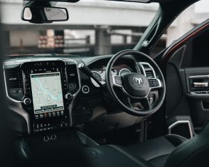 View of a smart car's digital infotainment unit.