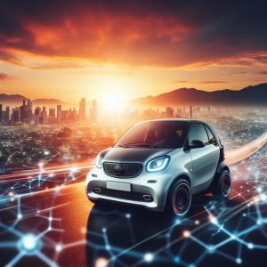 Smart car on a highway with city in background. image created by author using DALL-E 2 AI.