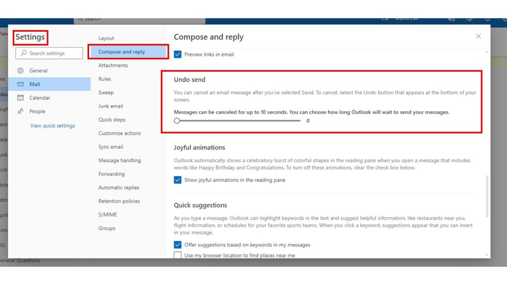 A screen shot of email program settings, showing the option to undo sending an email. There is a slider to select between 0 to 10 seconds to allows the user to stop an email from sending.
