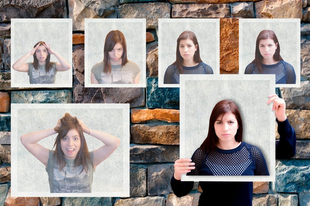 Multiple pictures of the same woman with different expressions, mostly of frustration or lack of comprehension