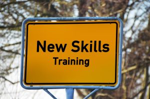 A bright yellow roadsign is labelled "New Skills: Training"