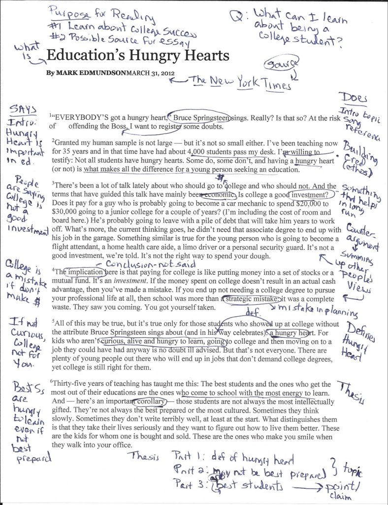 A print out of a New York Times Article from 31 March 2012 by Mark Edmundson called "Education's Hngry Hearts". The print out is annotated extensively in handwritten notes.