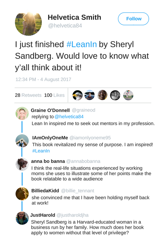 A tweet where a person asks if others have read a book called Lean In by Sheryl Sandberg.
