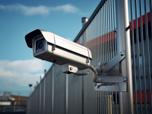 A photgraph of a video surveillance camera attached to a very tall fence. The fence is made of long metal rods.