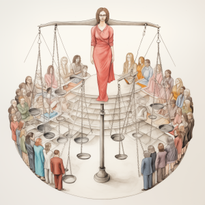 An AI generated image of a drawing of the traditional woman on the scales of justice. Instead of balanced scales, there are many scales around the woman. She is also surrounded by a diverse array of people, all who look slightly sad. This image is meant to depict the imbalance of the scales of justice.
