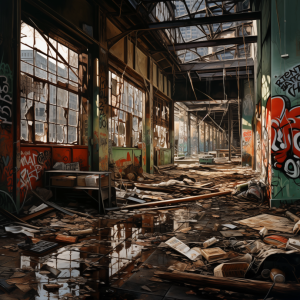 An AI generated image of the hallway of an abandoned building that has broken windows, graffit on the walls, and floors strewn with debris and other trash. This is meant to depict the stereotypical idea of social disorganization.