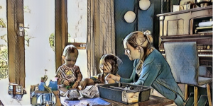 A woman sits at a table with two small children. They are busy doing an activity.