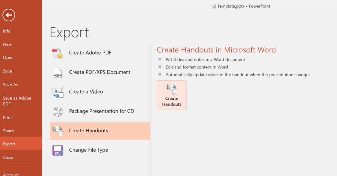 Screenshot of PowerPoint export options